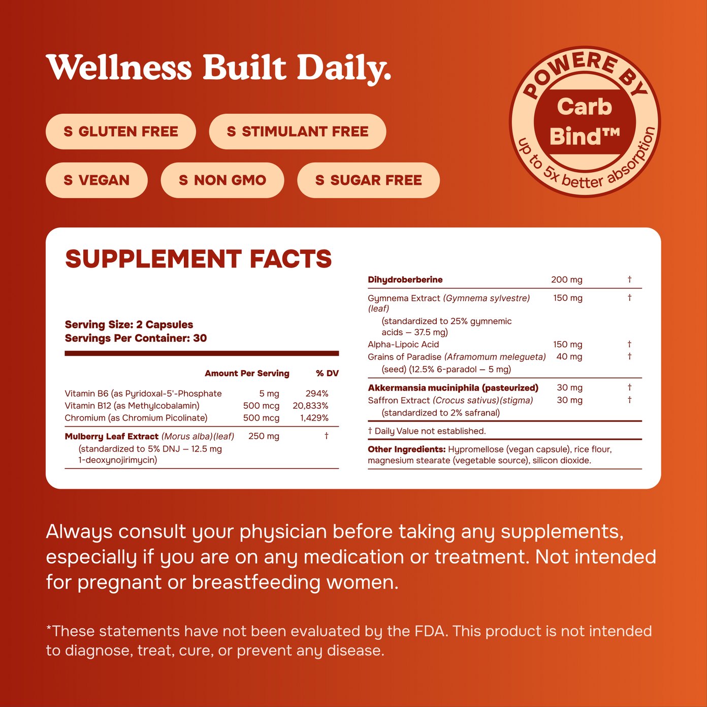 Supplement facts: gluten free, stimulant free, vegan, non-GMO, sugar free